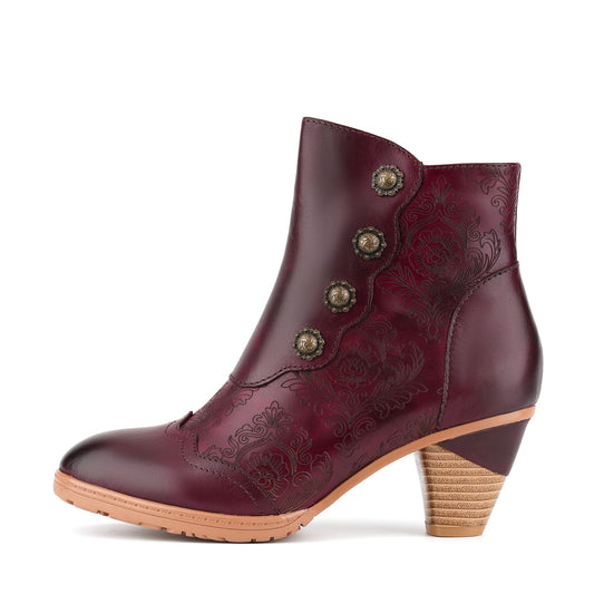 Vintage Embossed Decorative Buttons Leather Ankle Boots