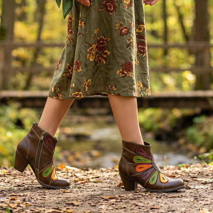 Retro Multicolor Peacock Feather Design Ankle Boots