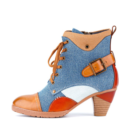 Denim and Leather Two-Tone Ankle Boots