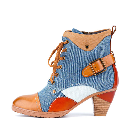 Denim and Leather Two-Tone Ankle Boots