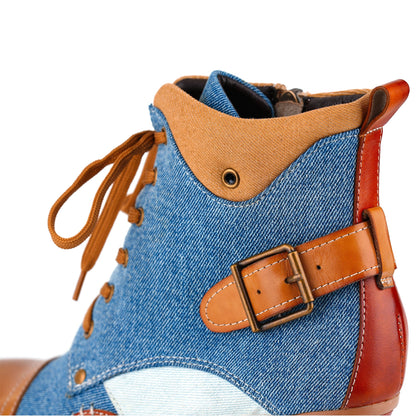 Denim and Leather Two-Tone Ankle Boots