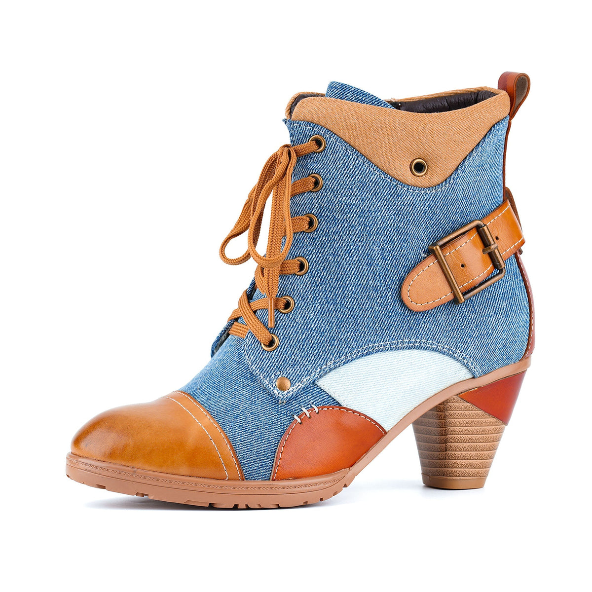 Denim and Leather Two-Tone Ankle Boots