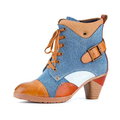 Denim and Leather Two-Tone Ankle Boots