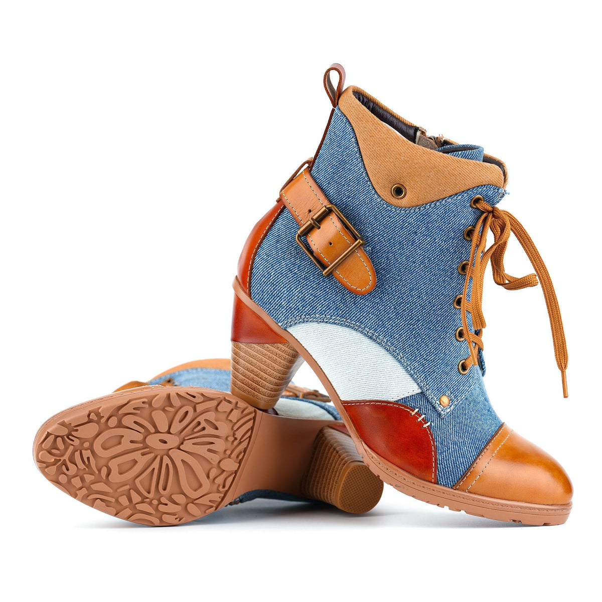 Denim and Leather Two-Tone Ankle Boots