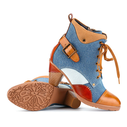 Denim and Leather Two-Tone Ankle Boots