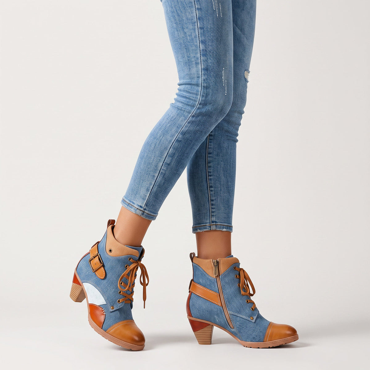 Denim and Leather Two-Tone Ankle Boots