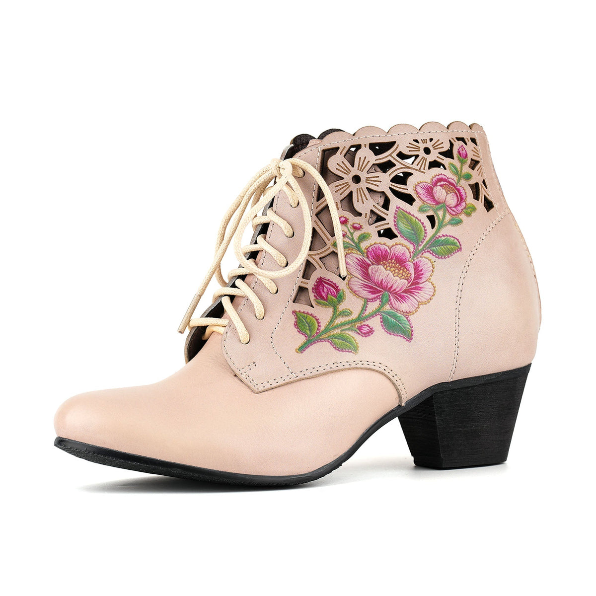 Embroidered Floral Cutout Ankle Boots