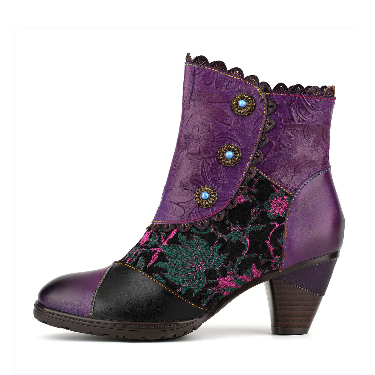 Vintage Floral Embossed Scalloped Trim Ankle Boots
