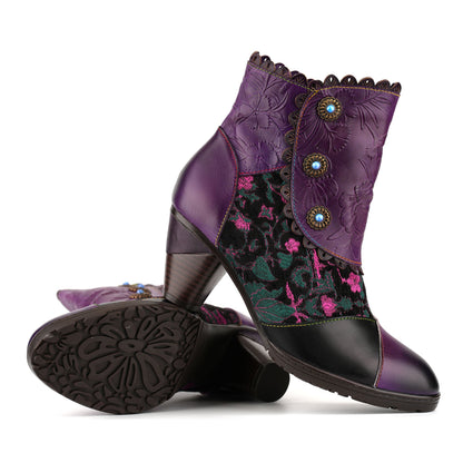Vintage Floral Embossed Scalloped Trim Ankle Boots