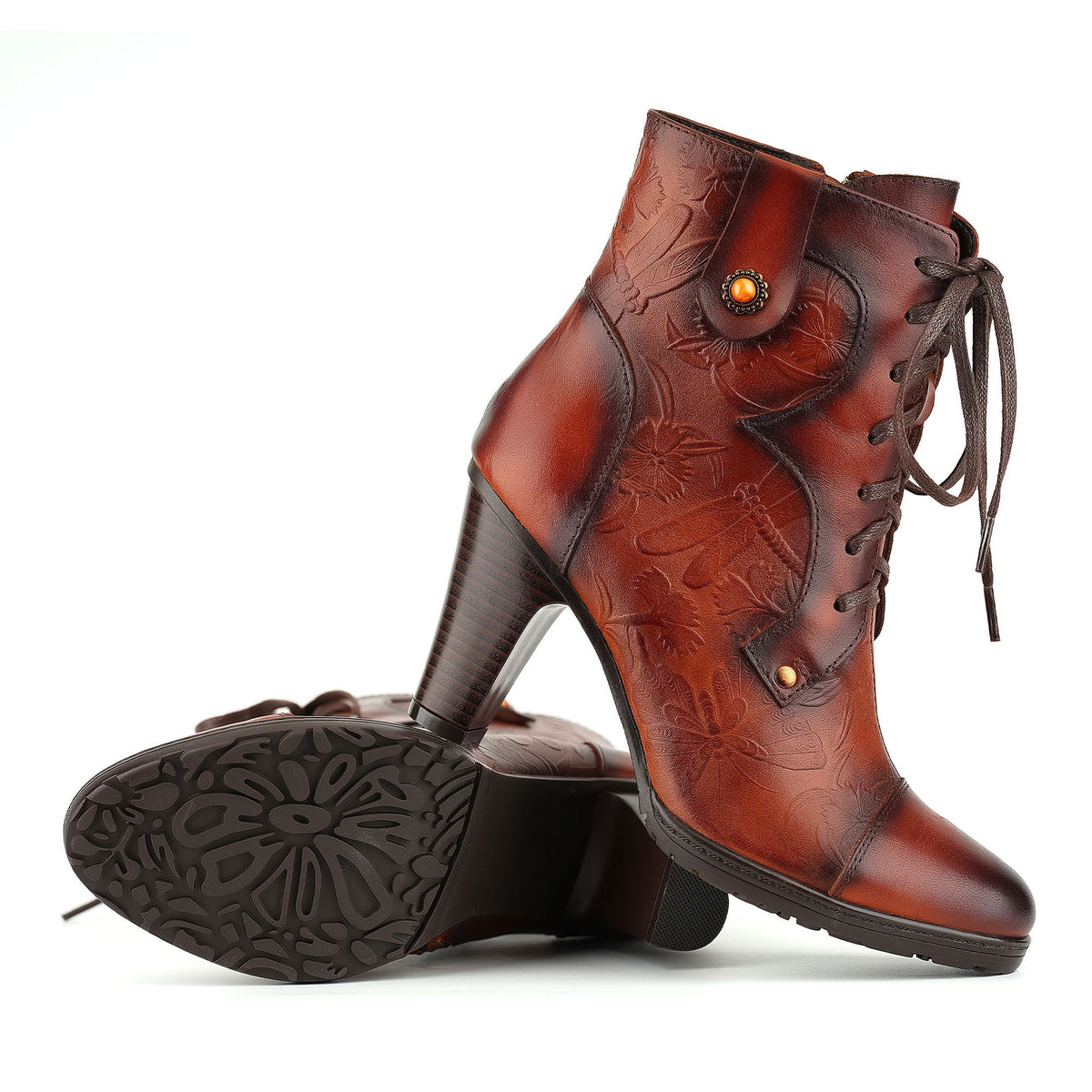 Vintage Embossed Leather Ankle Boots