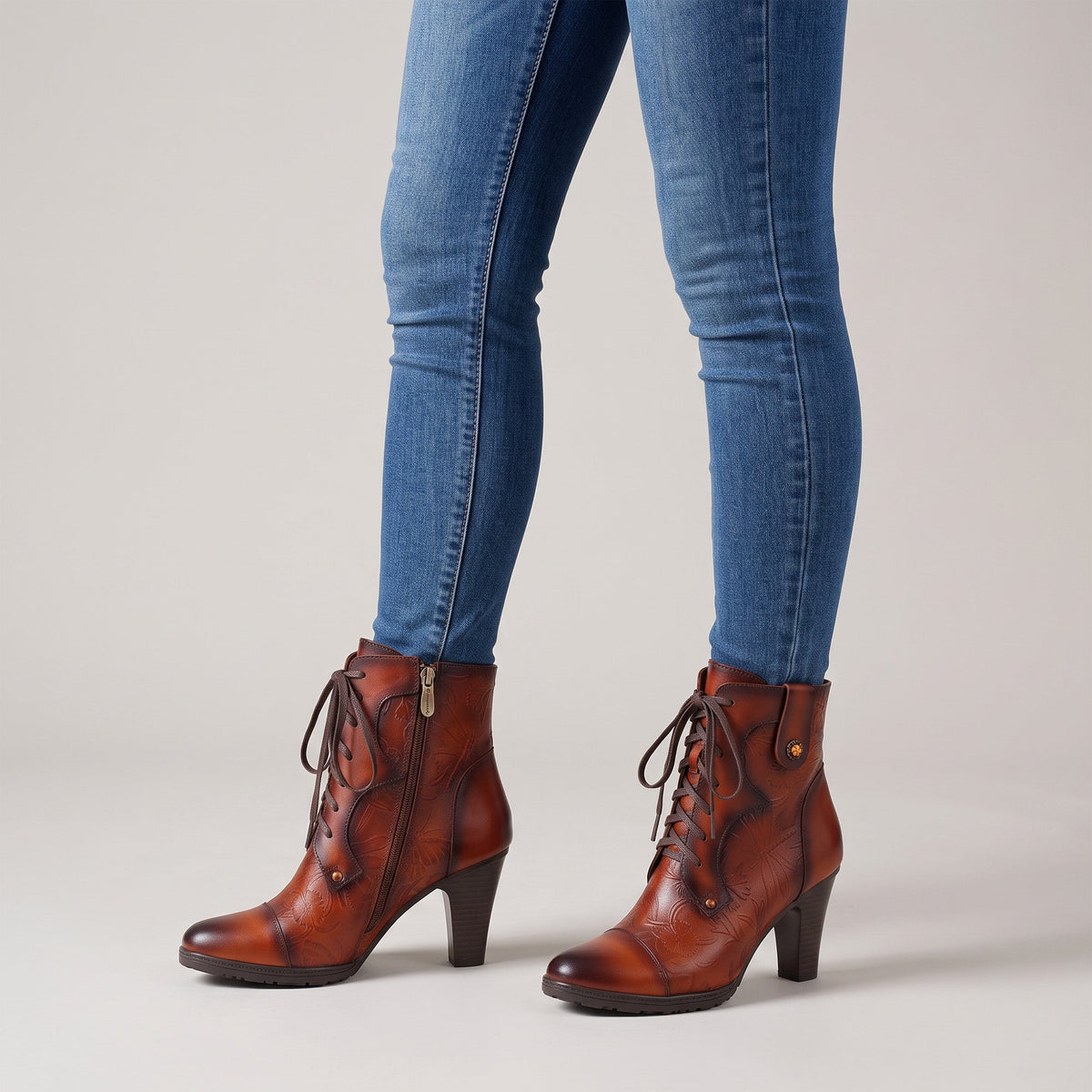 Vintage Embossed Leather Ankle Boots