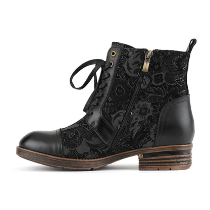 Timeless Grace Floral Lace-Up Flat Ankle Boots