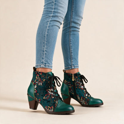 Floral Velvet Lace-Up Leather Trim Ankle Boots