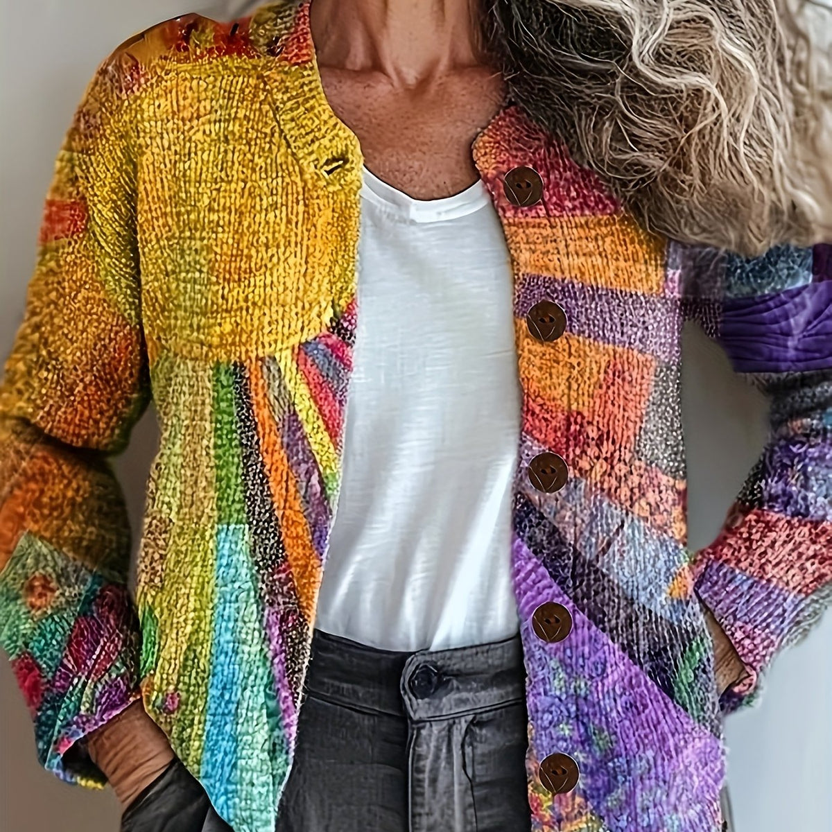 KIRSTEN – ARTFUL PATCHWORK BUTTON CARDIGAN