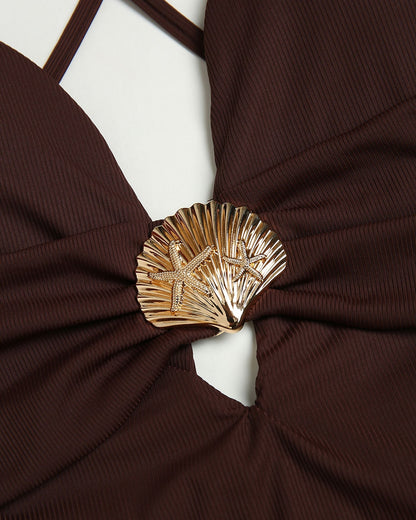 One-Piece Swimsuit with Cut in Brown Color