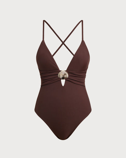 One-Piece Swimsuit with Cut in Brown Color