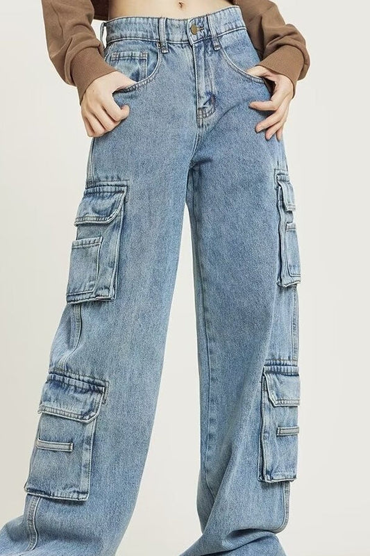 Vintage Washed Wide Leg Cargo Jeans