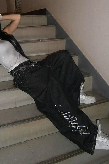 Angel Wing Embroidery Rhinestone Straight Jeans