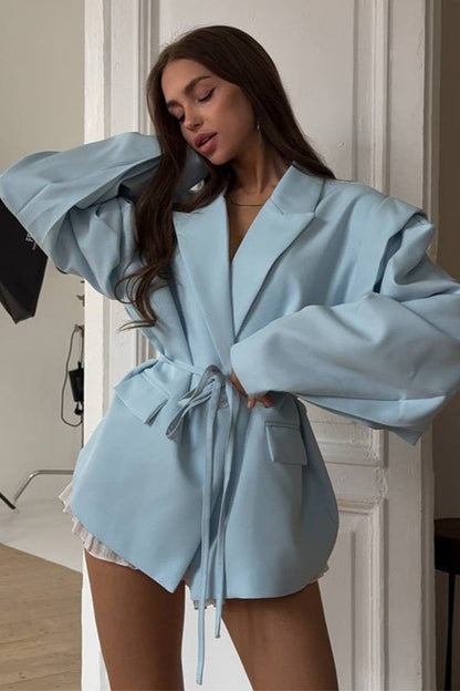 V-Neck Belted Shoulder Pad Blazer