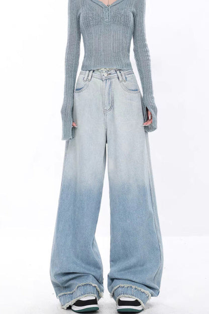 High Waist Draped Gradient Ripped Jeans