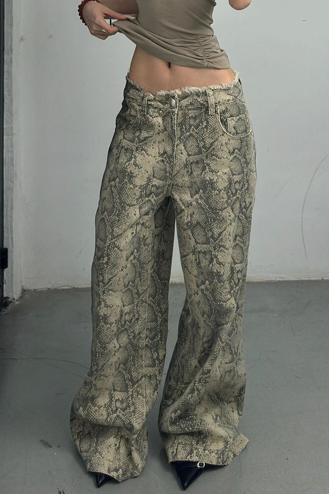 Snake Print Wide Leg Low Waist Frayed Jeans