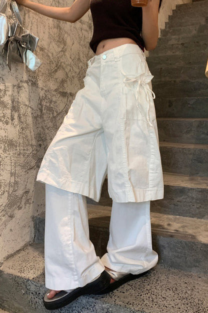 Bow Tie Fake Two Piece White Y2K Loose Jeans