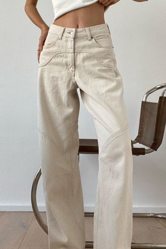 Off White High Waist Loose Straight Jeans