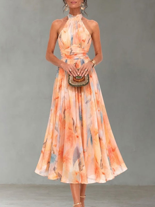 Aurora | Dress with halter neck and watercolor print