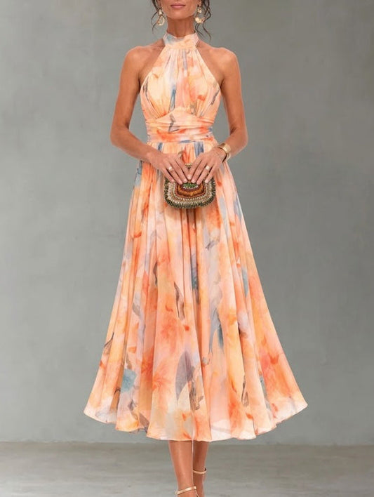 Aurora | Dress with halter neck and watercolor print