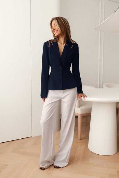 Fitted Waist V-Neck Padded Shoulder Long Sleeve Blazer