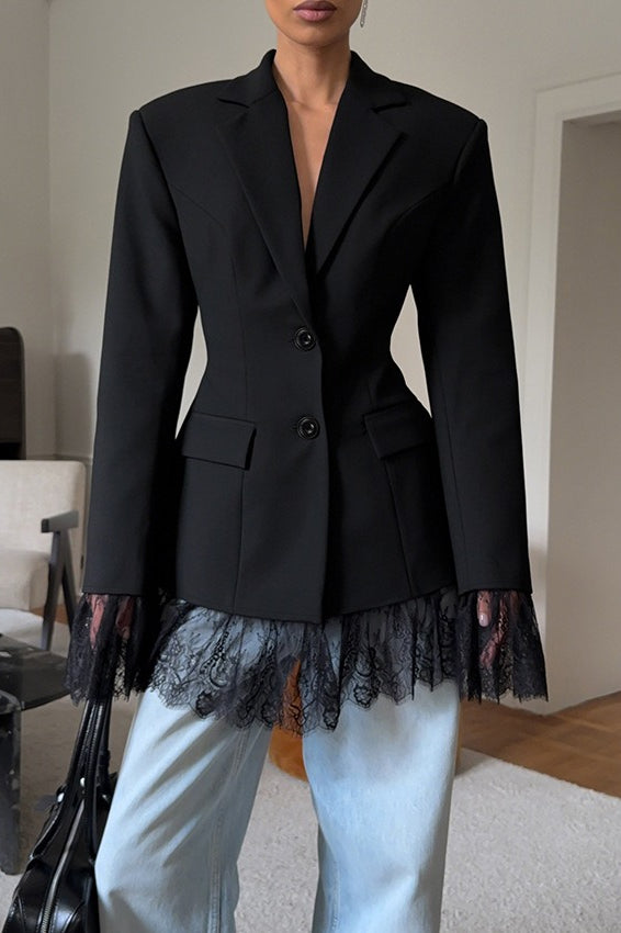 Black Lace Paneled Long Sleeve Waist-Cinched Soft Blazer