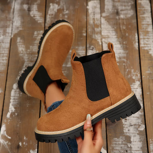 Women's Block Heel Ankle Boots with Round Toe - Comfortable Ankle Boots for Autumn and Winter