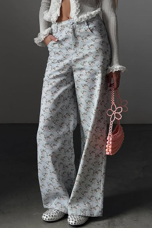 Light Blue Floral High Waist Wide Leg Jeans