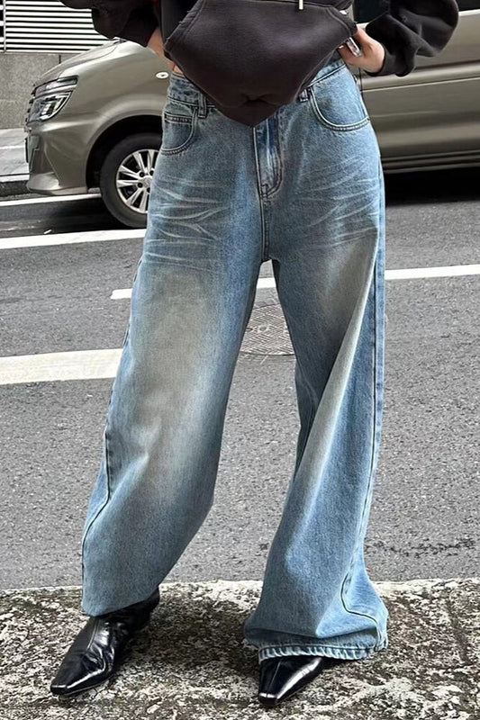 Vintage Washed Whisker Wide Leg Denim Jeans