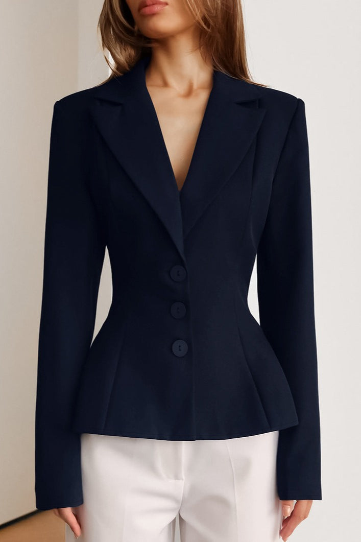 Fitted Waist V-Neck Padded Shoulder Long Sleeve Blazer