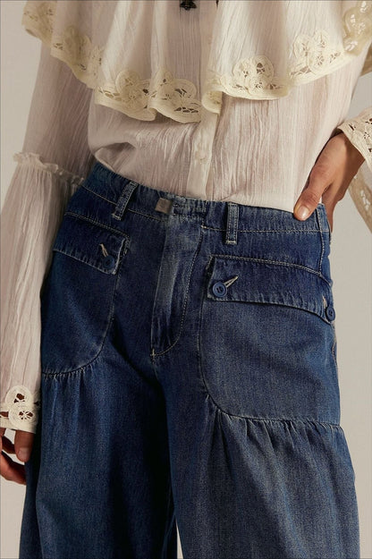 Ruched Mid Rise Wide Leg Jeans
