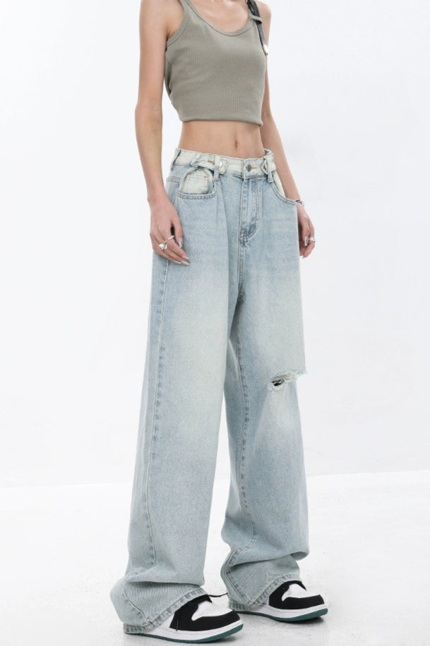 High Waist Draped Gradient Ripped Jeans