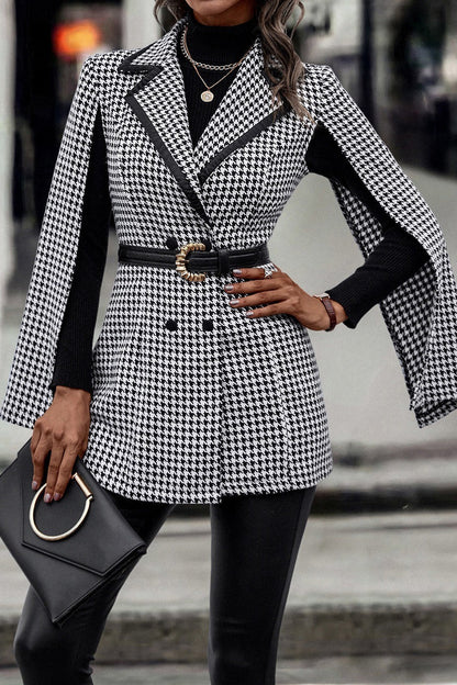 Tweed-style Houndstooth Split Long Sleeve Chic Blazer
