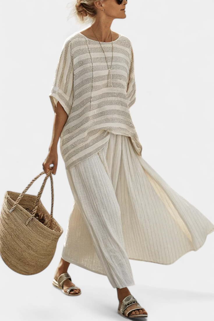 Graziella — Natural bamboo striped top and fluid linen pants