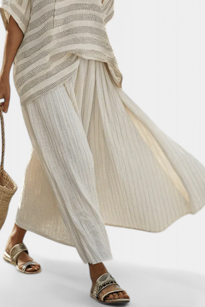Graziella — Natural bamboo striped top and fluid linen pants