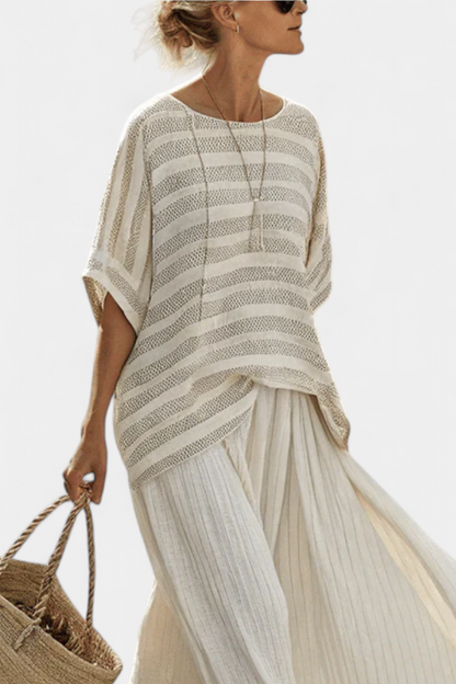 Graziella — Natural bamboo striped top and fluid linen pants