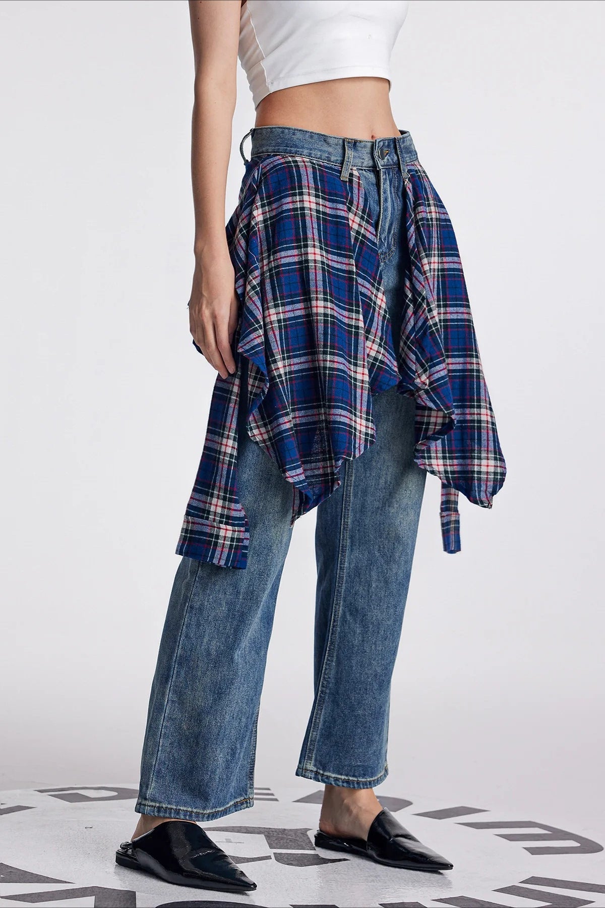 Vintage Plaid Patchwork Washed Micro-Flare Jeans