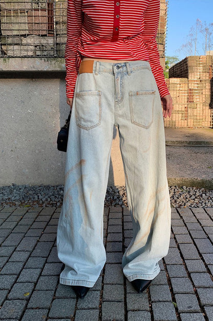 Distressed Ruched Wide Leg Designer Pocket Jeans