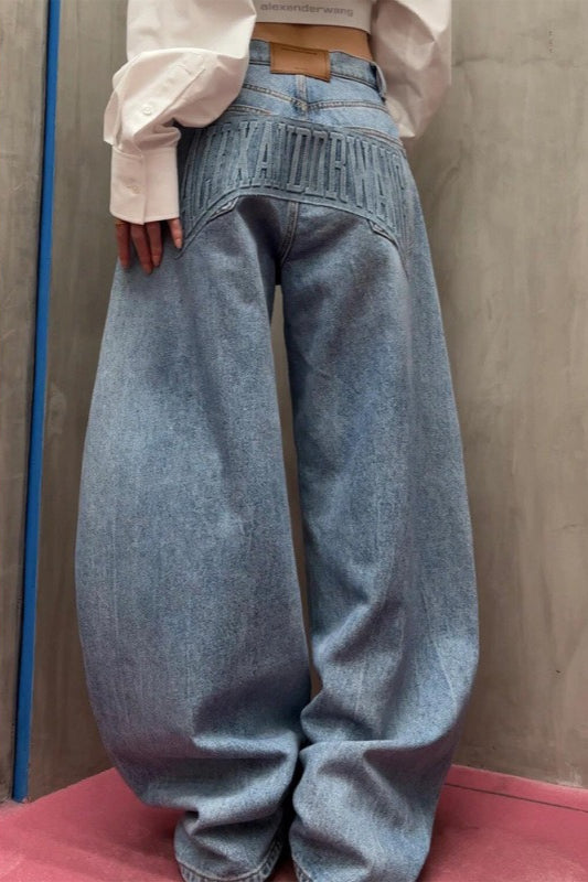 Loose Floor Length Curved Leg Washed Letter Embossed Jeans