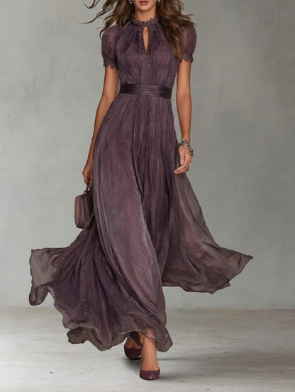 Flavia • Long violet dress with teardrop neckline and chiffon lace trim