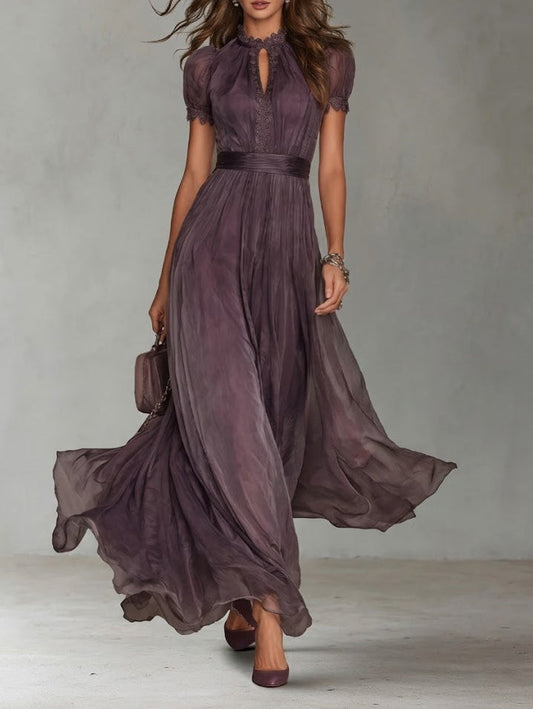 Flavia • Long violet dress with teardrop neckline and chiffon lace trim