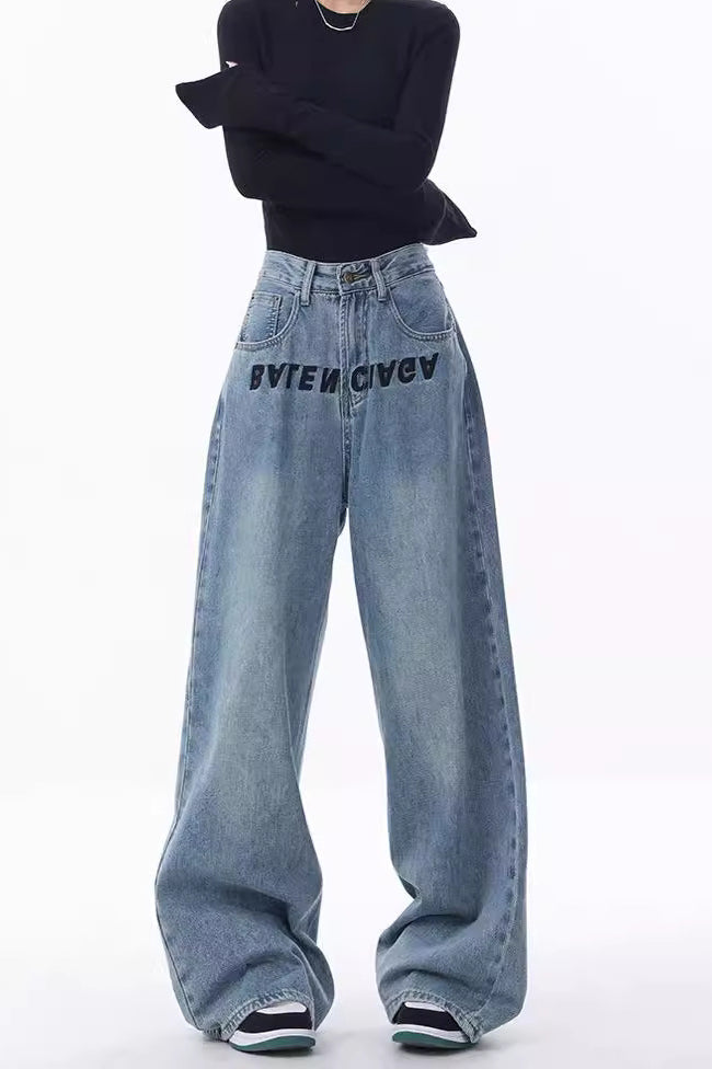High Rise Embroidered Wide Leg Jeans