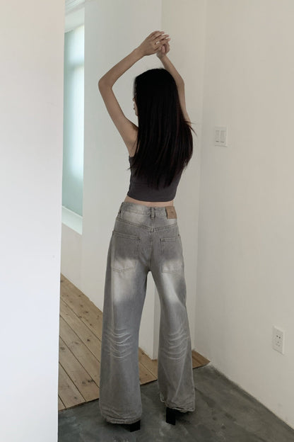 Vintage Washed Whisker Wide Leg Denim Jeans