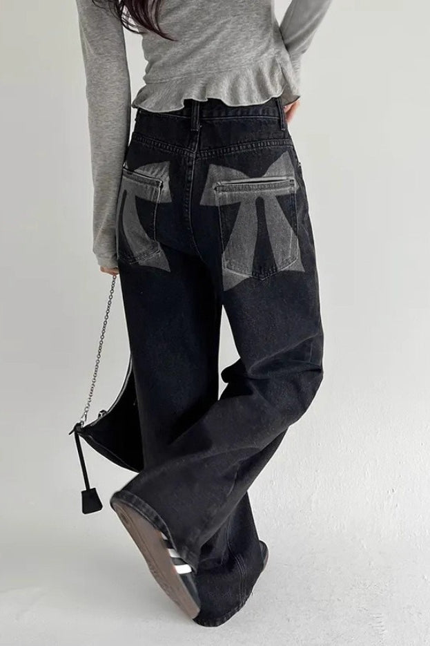 Washed Bow Print Pocket Wide Leg Jeans