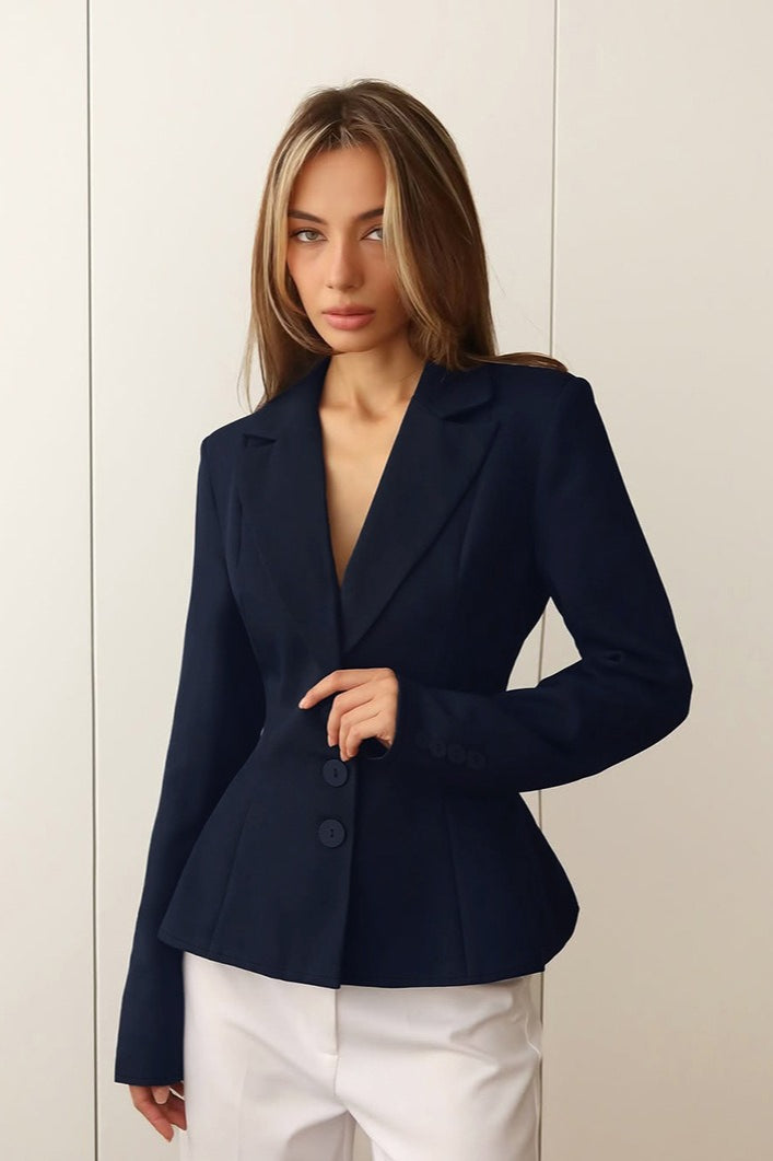 Fitted Waist V-Neck Padded Shoulder Long Sleeve Blazer